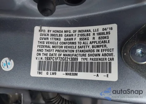 2016 Honda Civic Ex-L from USA, damaged, VIN 19XFC1F72GE213089